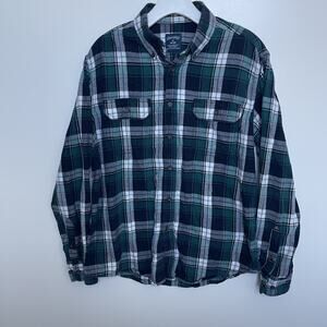 Faded Glory Flannel Shirt Mens Medium Blue Green Plaid Camp Long Sleeve Shirt.